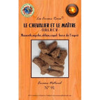 Paquet d’encens rares « Le Chevalier et le Maître » n°91, visuel de cônes d’encens bruns sur fond bois.