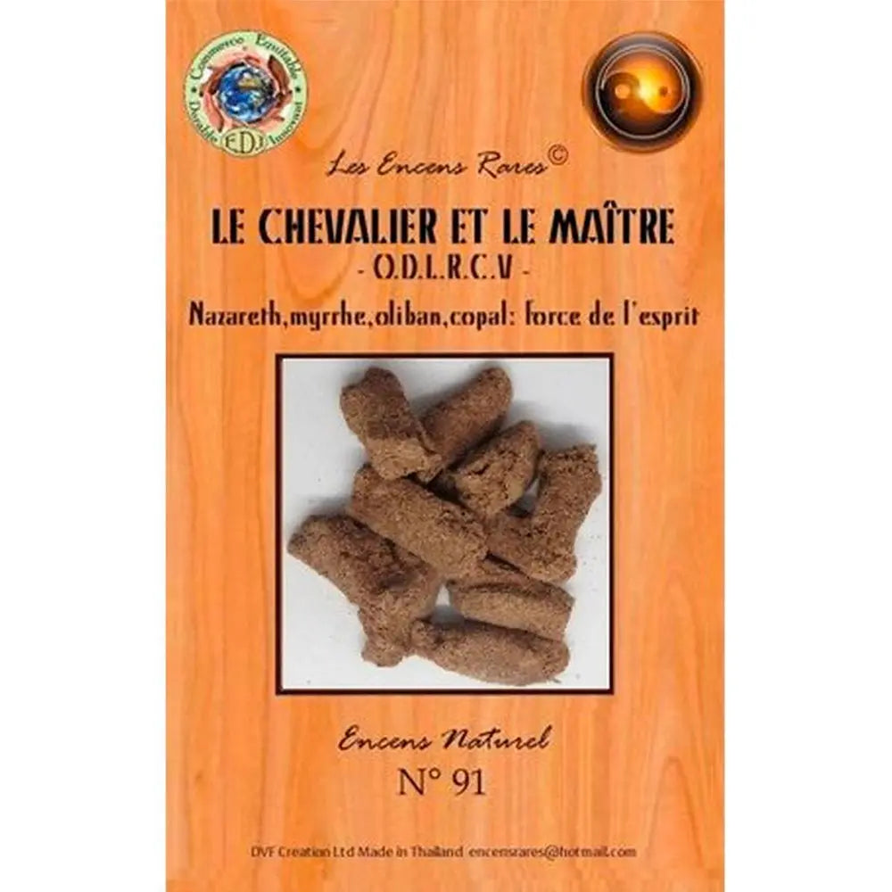 Paquet d’encens rares « Le Chevalier et le Maître » n°91, visuel de cônes d’encens bruns sur fond bois.