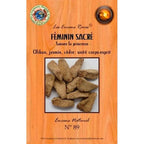 Paquet d’encens rares « Féminin Sacré » n°89, visuel de bâtons d’encens beiges sur fond bois.