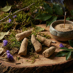 Bâtons d’encens beiges disposés sur planche en bois, avec porte-encens en céramique, mousse, feuilles et fleurs violettes.