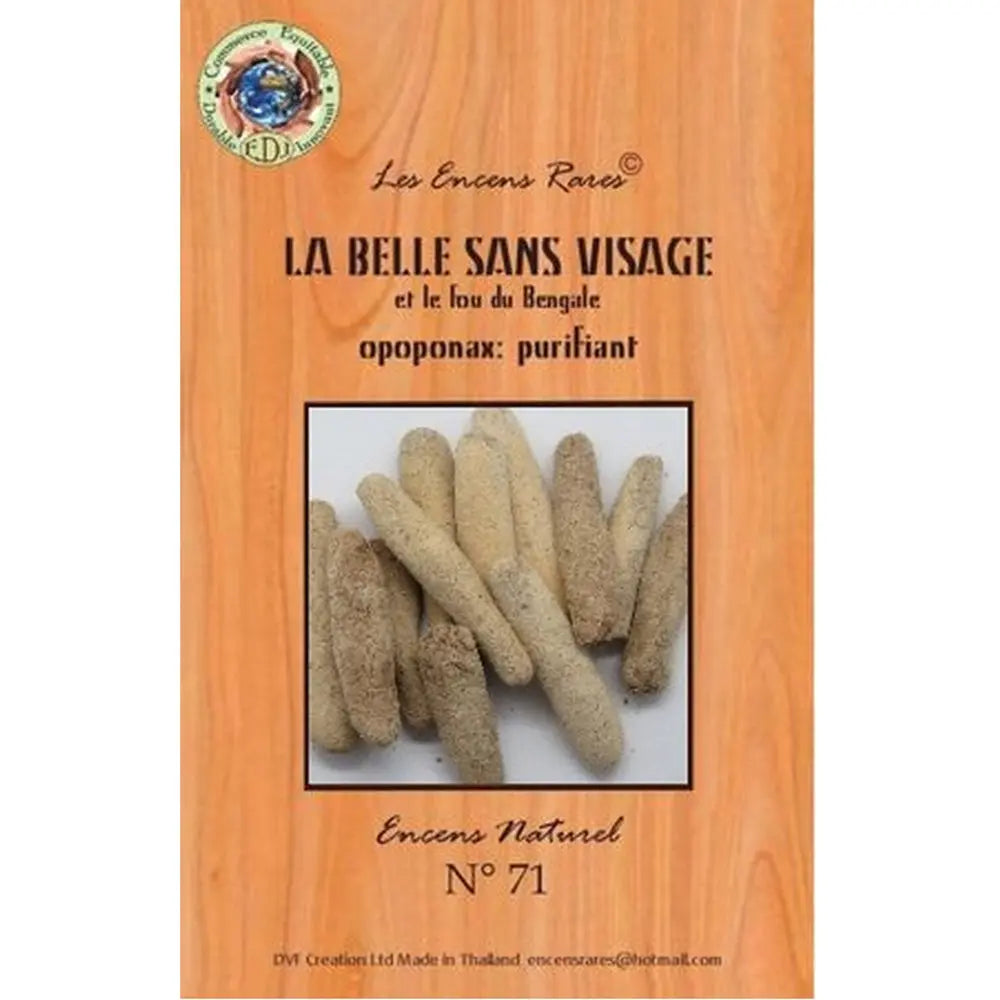 Paquet d’encens rares « La Belle Sans Visage » n°71, visuel de bâtons d’encens beiges sur fond bois.