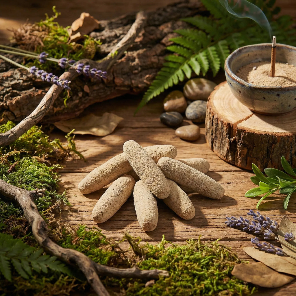 Bâtons d’encens beiges disposés sur table en bois, avec porte-encens en céramique, mousse, fougères et brins de lavande.