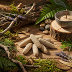 Bâtons d’encens beiges disposés sur table en bois, avec porte-encens en céramique, mousse, fougères et brins de lavande.