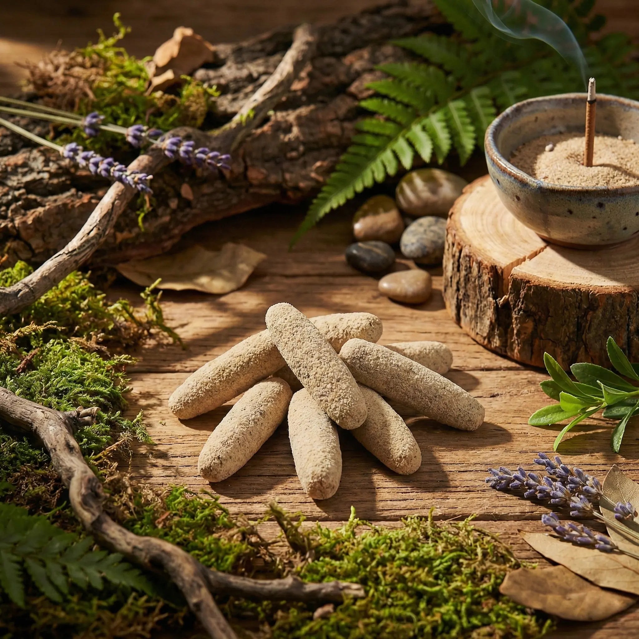 Bâtons d’encens beiges disposés sur table en bois, avec porte-encens en céramique, mousse, fougères et brins de lavande.