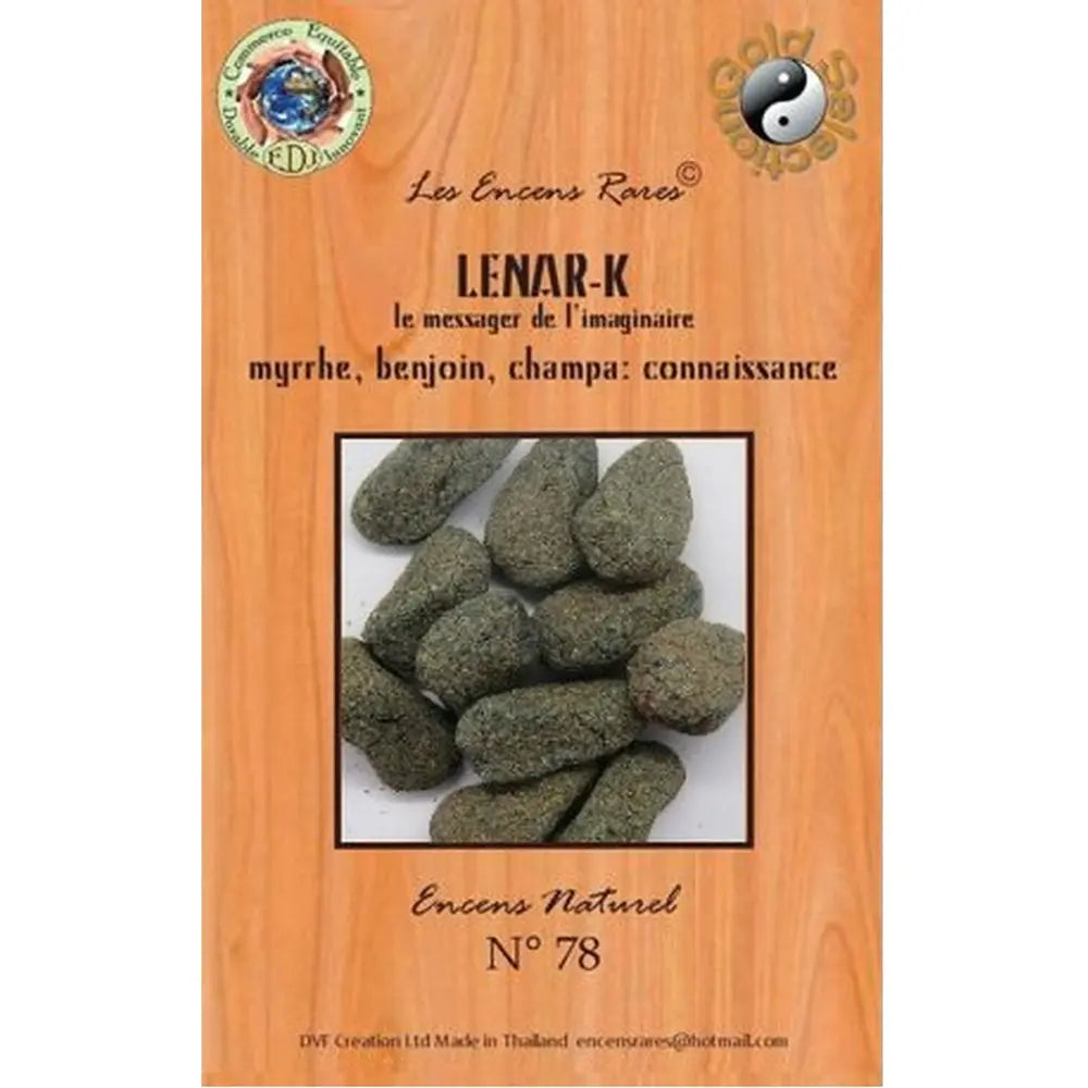 Paquet d’encens rares « Lenar-K » n°78, visuel de cônes d’encens verts sur fond bois.