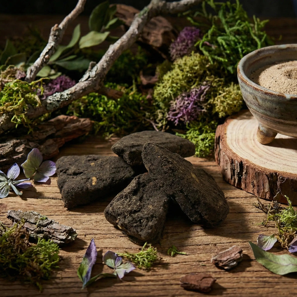 Morceaux d’encens noirs sur table en bois, avec porte-encens en céramique, mousse, branches et fleurs.gg
