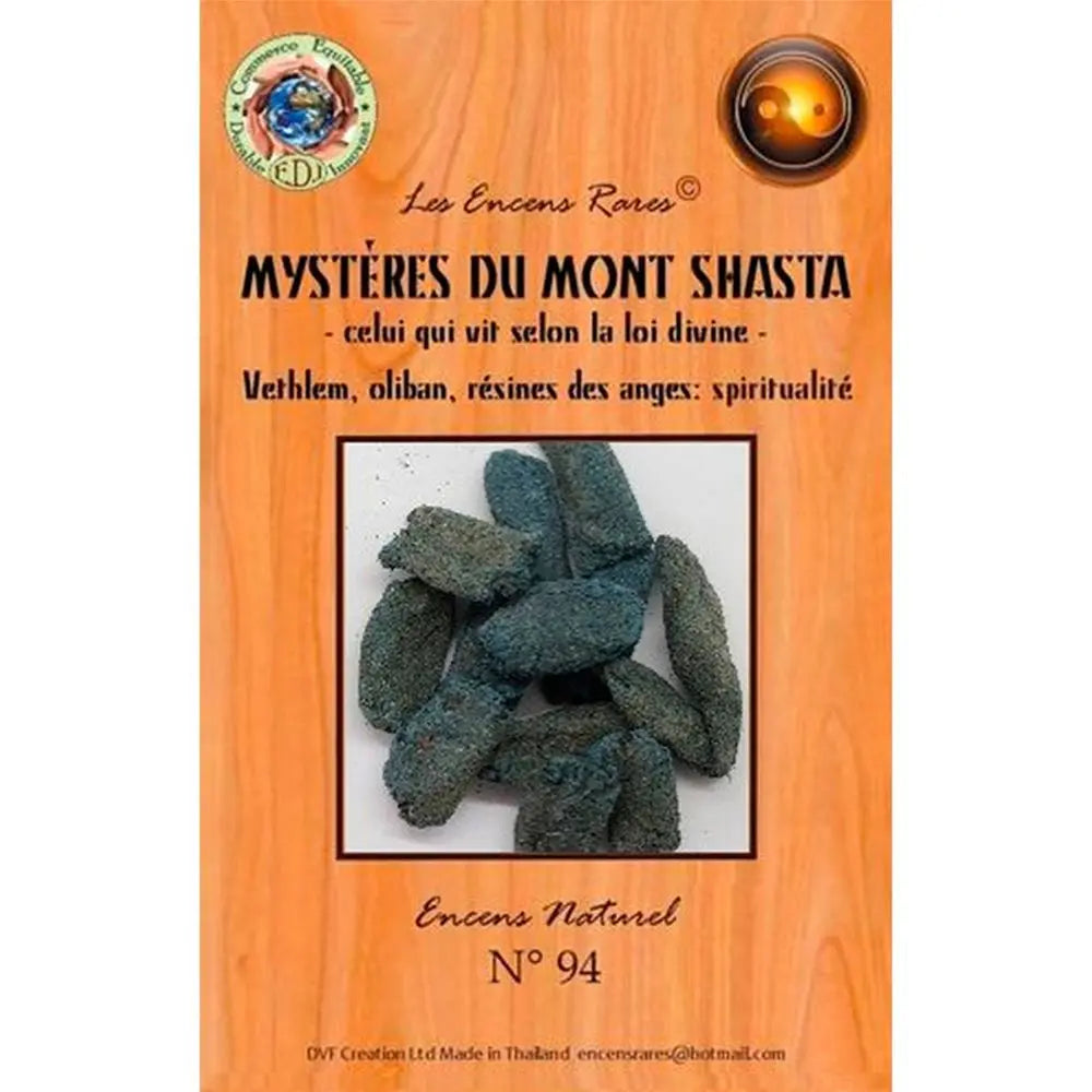 Paquet d’encens rares « Mystères du Mont Shasta » n°94, visuel de cônes d’encens bleus sur fond bois.