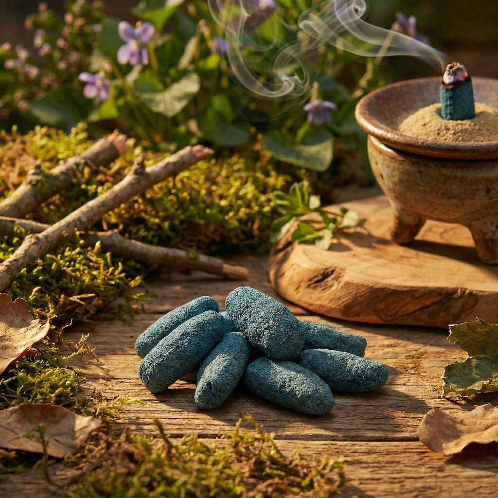 Cônes d’encens bleus sur table en bois, avec brûle-encens en céramique et cône fumant, décor végétal.