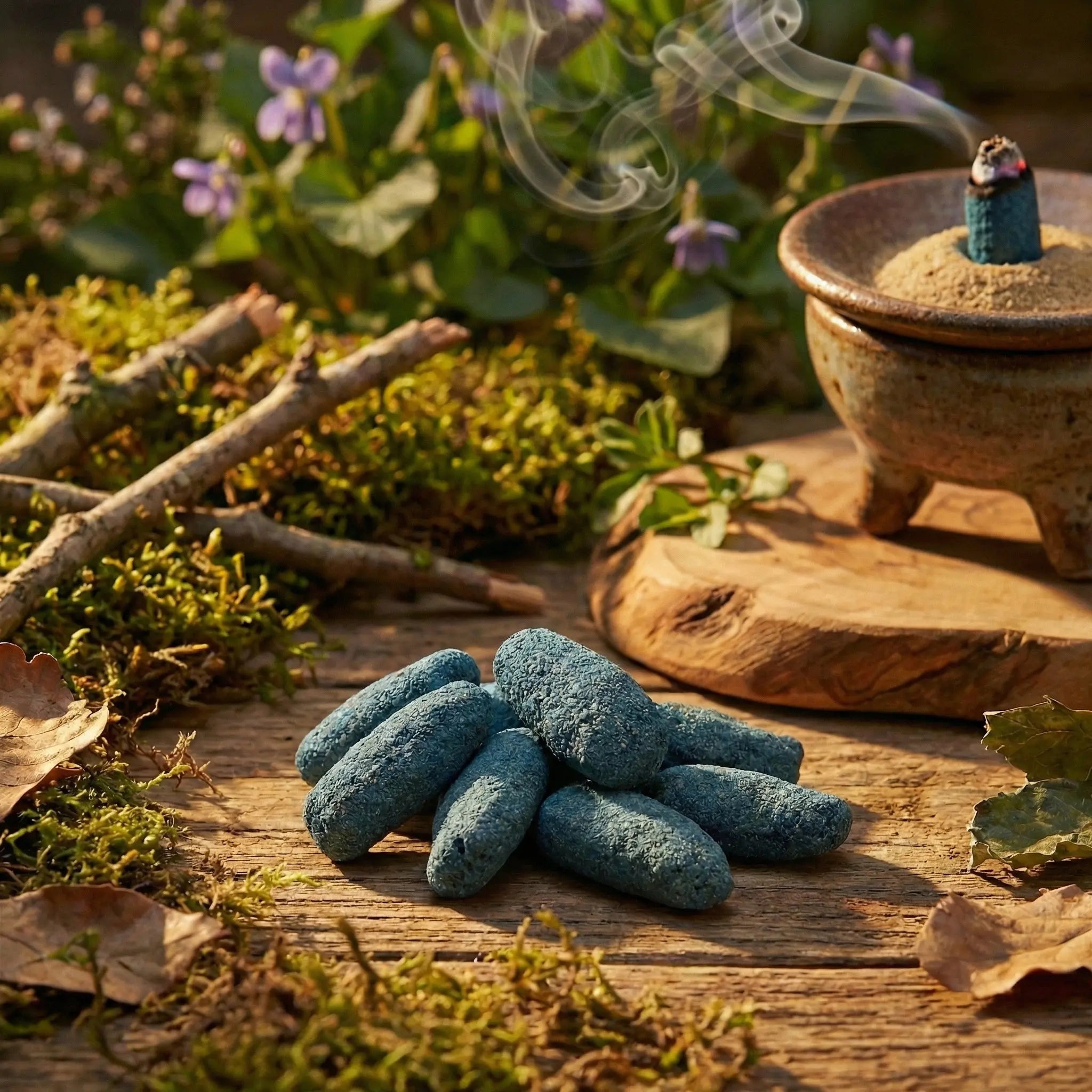 Cônes d’encens bleus sur table en bois, avec brûle-encens en céramique et cône fumant, décor végétal.