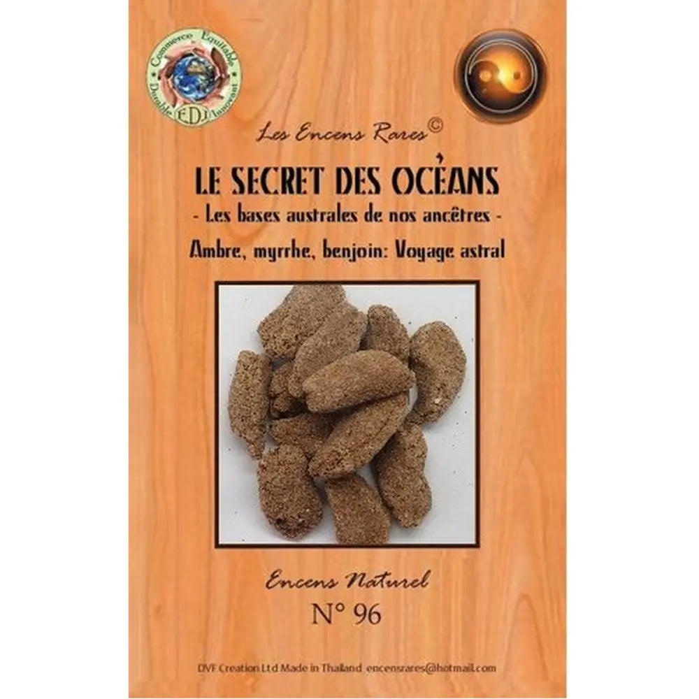 Paquet d’encens rares « Le Secret des Océans » n°96, visuel de cônes d’encens bruns sur fond bois.