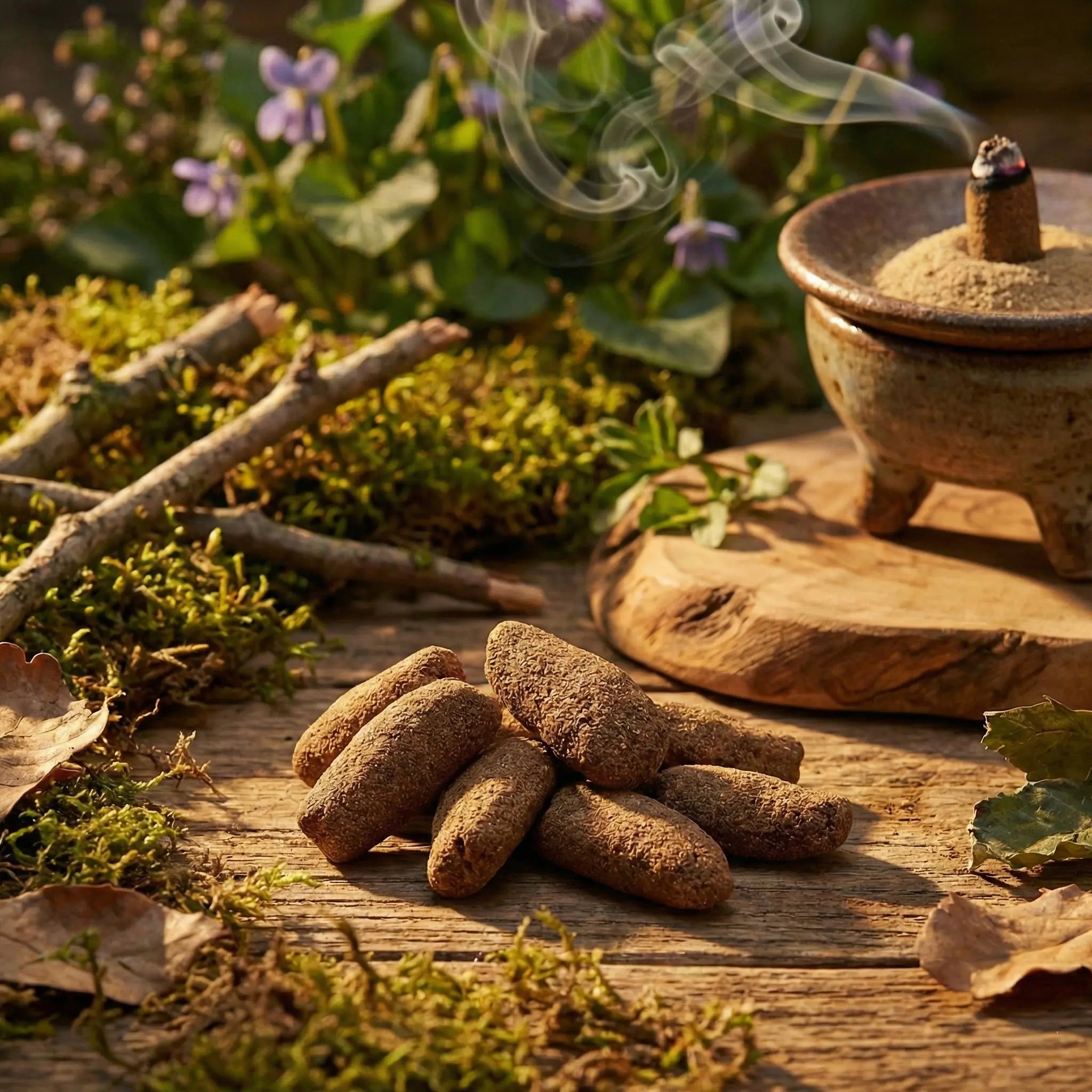 Cônes d’encens bruns sur table en bois, avec brûle-encens en céramique et cône fumant, décor végétal