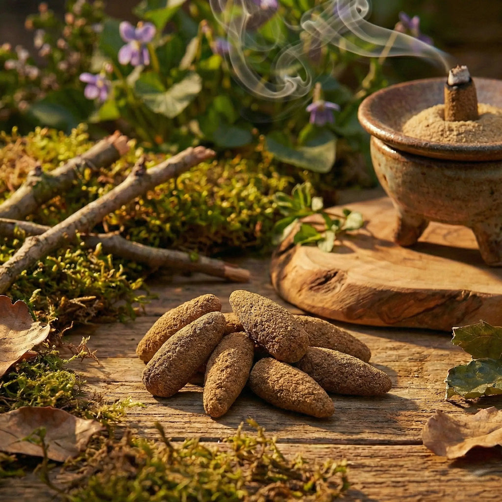 Cônes d’encens bruns disposés sur table en bois, avec brûle-encens en céramique et cône fumant, décor végétal.
