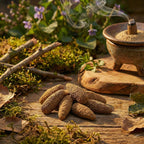 Cônes d’encens bruns disposés sur table en bois, avec brûle-encens en céramique et cône fumant, décor végétal.