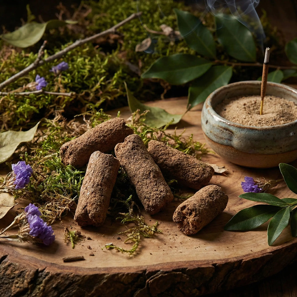 Bâtons d’encens bruns disposés sur planche en bois, avec porte-encens en céramique, mousse, feuilles et fleurs violettes.