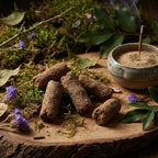 Bâtons d’encens bruns disposés sur planche en bois, avec porte-encens en céramique, mousse, feuilles et fleurs violettes.