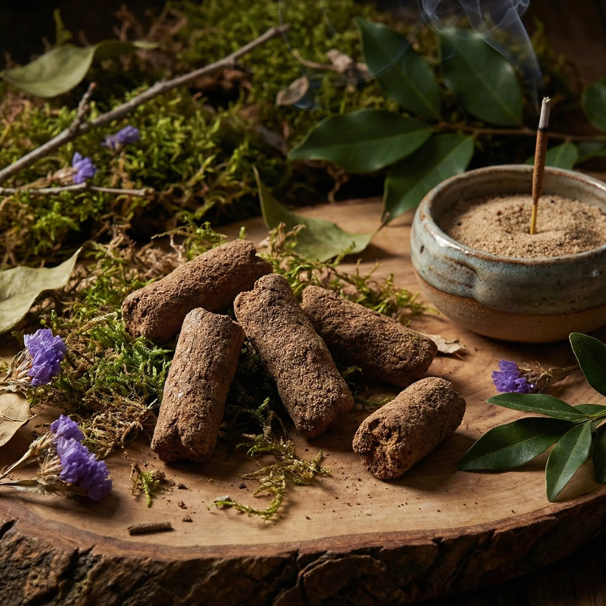 Bâtons d’encens bruns disposés sur planche en bois, avec porte-encens en céramique, mousse, feuilles et fleurs violettes.