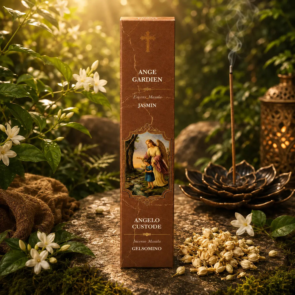 Étui d'Encens Religieux Ange Gardien de couleur marron clair texturé, illustré d'un ange protégeant un enfant près d'un ruisseau, entouré de fleurs de jasmin blanc.