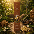 Étui d'Encens Religieux Ange Gardien de couleur marron clair texturé, illustré d'un ange protégeant un enfant près d'un ruisseau, entouré de fleurs de jasmin blanc.