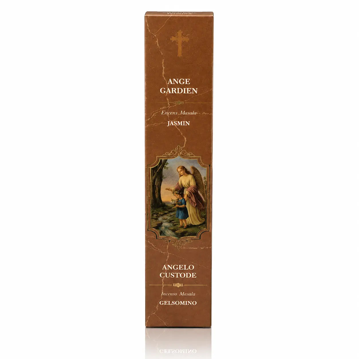 Encens religieux Ange Gardien présenté dans une boîte cartonnée rectangulaire marron clair marbré, orné d'une peinture d'ange protecteur, d'une croix dorée et d'écritures blanches.