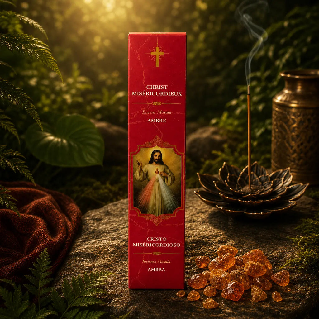 Étui d'Encens Religieux Christ Miséricordieux de couleur rouge vif marbré, illustré de Jésus rayonnant de faisceaux bleus et rouges, posé près de morceaux d'ambre.