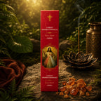 Étui d'Encens Religieux Christ Miséricordieux de couleur rouge vif marbré, illustré de Jésus rayonnant de faisceaux bleus et rouges, posé près de morceaux d'ambre.