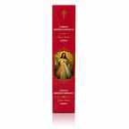 Encens religieux Christ Miséricordieux conditionné dans un étui cartonné rectangulaire rouge vif marbré, orné de l'illustration de Jésus, d'une croix dorée et de lettrages blancs.