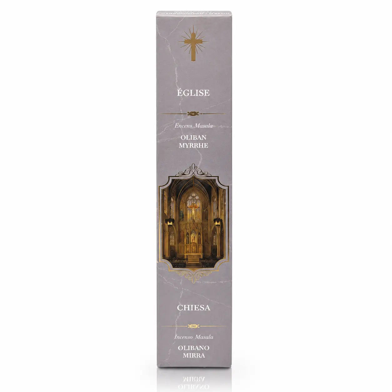 Encens religieux Église présenté dans un étui cartonné rectangulaire gris clair marbré, orné de l'illustration d'un autel, d'une croix dorée et de lettrages blancs.