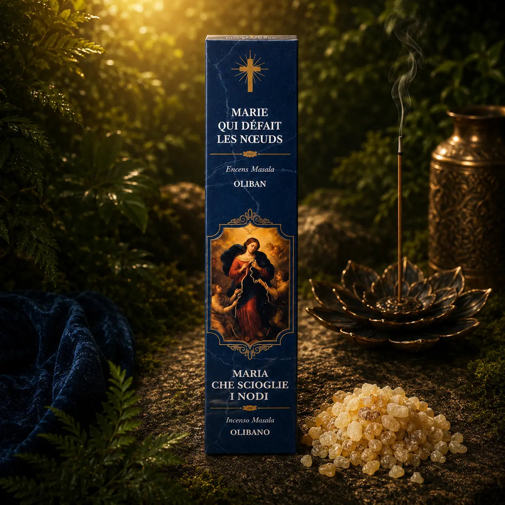 Étui d'Encens Religieux Marie qui Défait les Nœuds de couleur bleu roi marbré, illustrant la Vierge Marie dénouant un ruban blanc, posé près d'un tas de résine d'oliban.