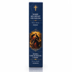 Encens religieux Marie qui défait les nœuds présenté dans un étui cartonné rectangulaire bleu roi marbré, orné de la peinture de la Vierge Marie, d'une croix dorée et de lettrages blancs.
