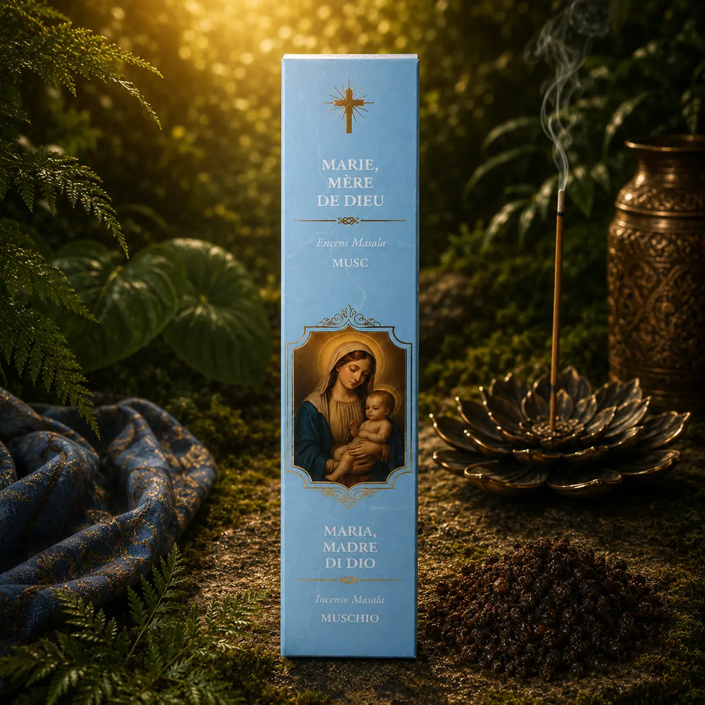 Étui d'Encens Religieux Marie Mère de Dieu de couleur bleu ciel texturé, illustré de la Madone tenant l'Enfant Jésus, disposé en forêt à côté d'un tas d'ingrédients aromatiques sombres.