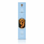 Encens religieux Marie, Mère de Dieu présenté dans un étui cartonné rectangulaire bleu ciel marbré, orné de la peinture de la Vierge à l'Enfant, d'une croix dorée et de lettrages blancs.