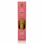 Encens religieux Notre Dame de Fatima dans un étui cartonné rectangulaire rose marbré, orné de la peinture de la Vierge couronnée, d'une croix dorée et de lettrages blancs.