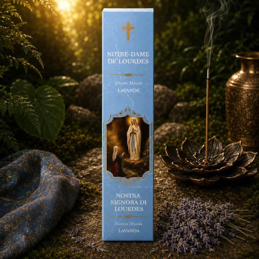 Étui d'Encens Religieux Notre Dame de Lourdes de couleur bleu ciel, illustré de l'apparition mariale à Bernadette Soubirous dans la grotte, posé près d'un bouquet de lavande séchée.