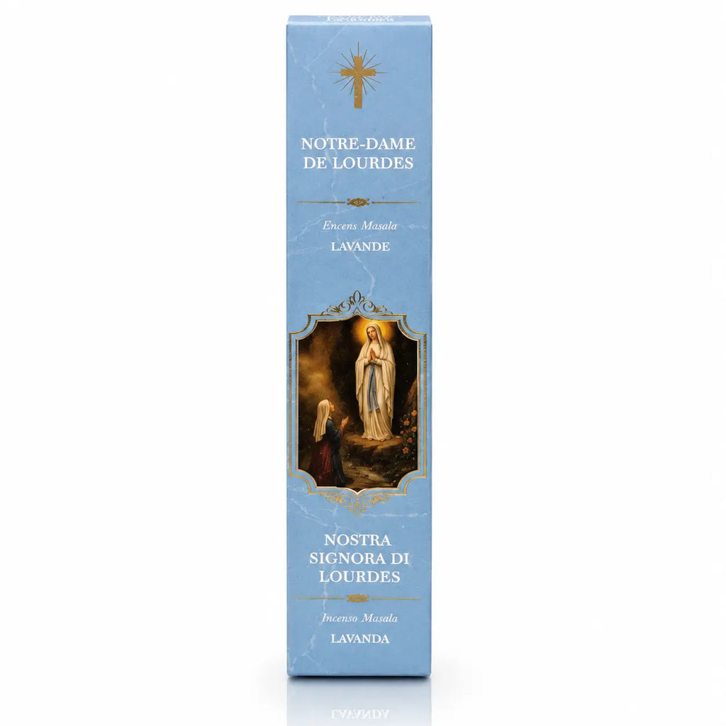 Encens religieux Notre Dame de Fatima conditionné dans un étui cartonné rectangulaire rose marbré, illustré de la Vierge Marie couronnée en prière avec des lettrages blancs et dorés.