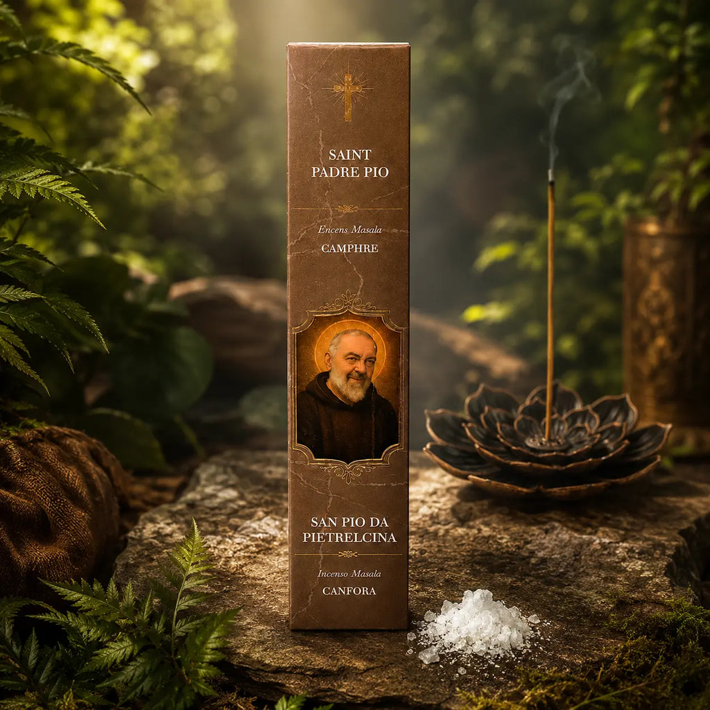 Étui d'Encens Religieux Saint Padre Pio de couleur marron, illustré du portrait du saint à l'auréole dorée, posé en forêt à côté d'un bâtonnet d'encens allumé et de cristaux de camphre.