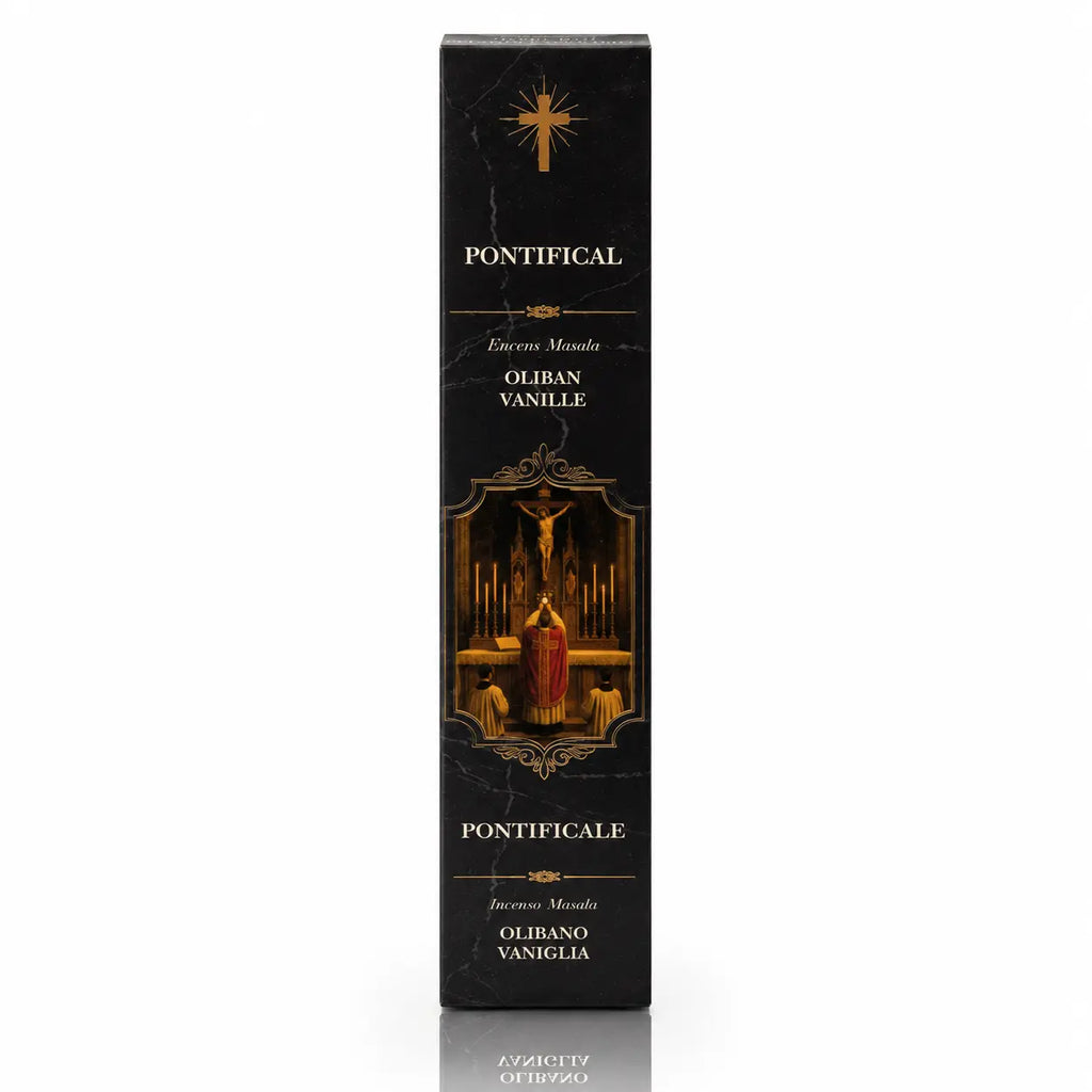 Encens religieux Pontifical emballé dans un étui cartonné rectangulaire noir marbré, illustré d’une scène de messe traditionnelle sous une croix rayonnante avec des lettrages blancs et dorés.