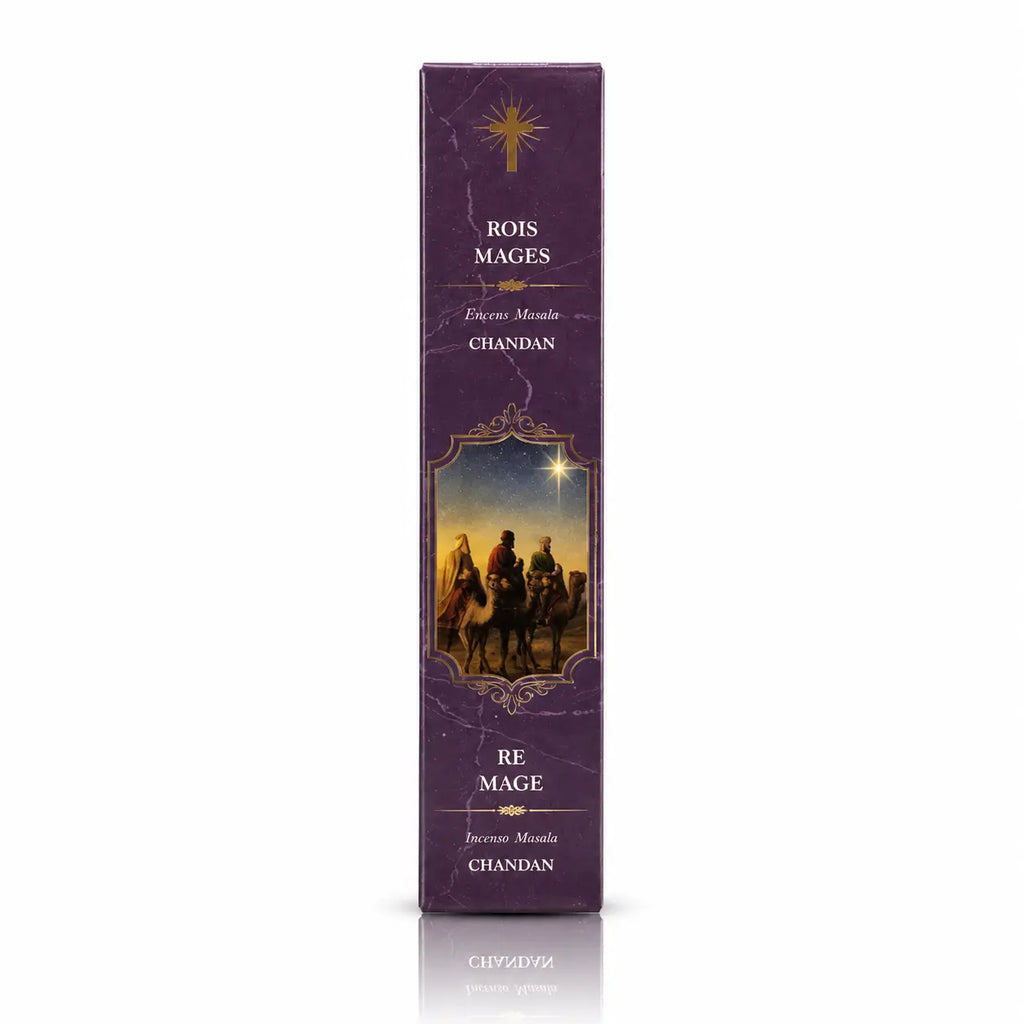 Encens religieux Rois Mages conditionné dans un étui cartonné rectangulaire violet marbré, illustré de la marche des mages à dos de chameau avec des inscriptions blanches et dorées.