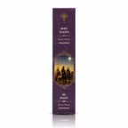 Encens religieux Rois Mages conditionné dans un étui cartonné rectangulaire violet marbré, illustré de la marche des mages à dos de chameau avec des inscriptions blanches et dorées.