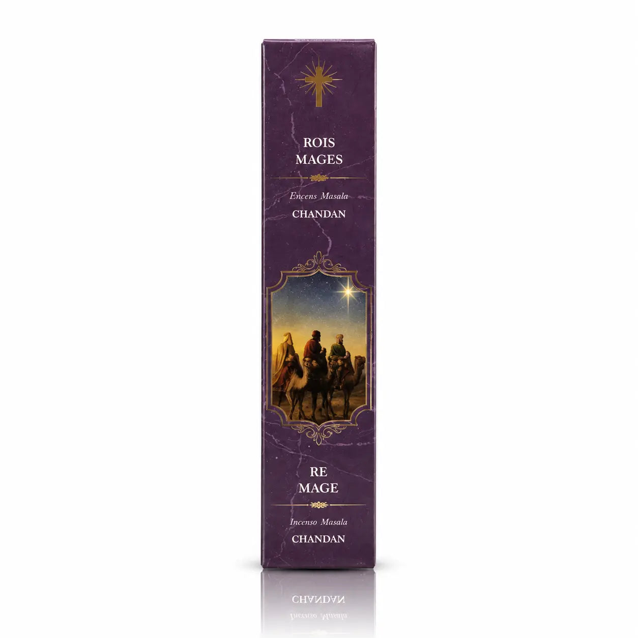 Encens religieux Rois Mages conditionné dans un étui cartonné rectangulaire violet marbré, illustré de la marche des mages à dos de chameau avec des inscriptions blanches et dorées.