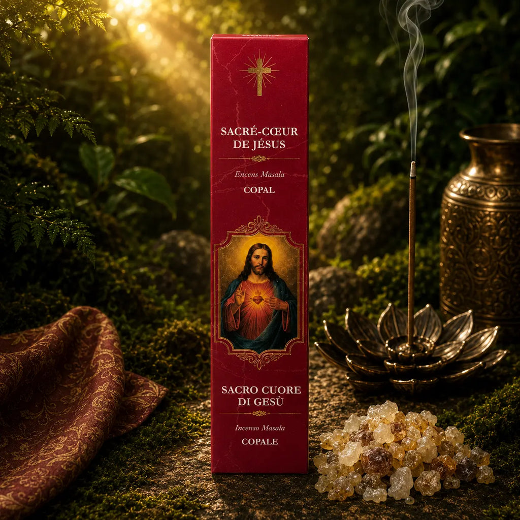 Étui d'Encens Religieux Sacré-Cœur de Jésus de couleur rouge bordeaux marbré, illustré du Christ montrant son cœur rayonnant, posé près d'un tas de résine de copal claire.