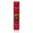 Encens religieux Sacré-Cœur de Jésus conditionné dans un étui cartonné rectangulaire rouge foncé marbré, illustré du Christ révélant son cœur rayonnant avec des lettrages blancs et dorés.