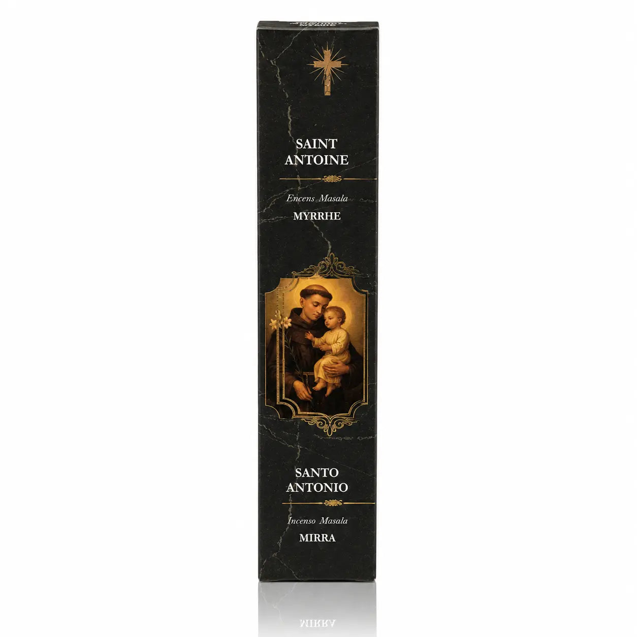 Encens religieux Saint Antoine conditionné dans un étui cartonné rectangulaire noir marbré, illustré d’une peinture du Saint portant l’Enfant Jésus avec des lettrages blancs et dorés.