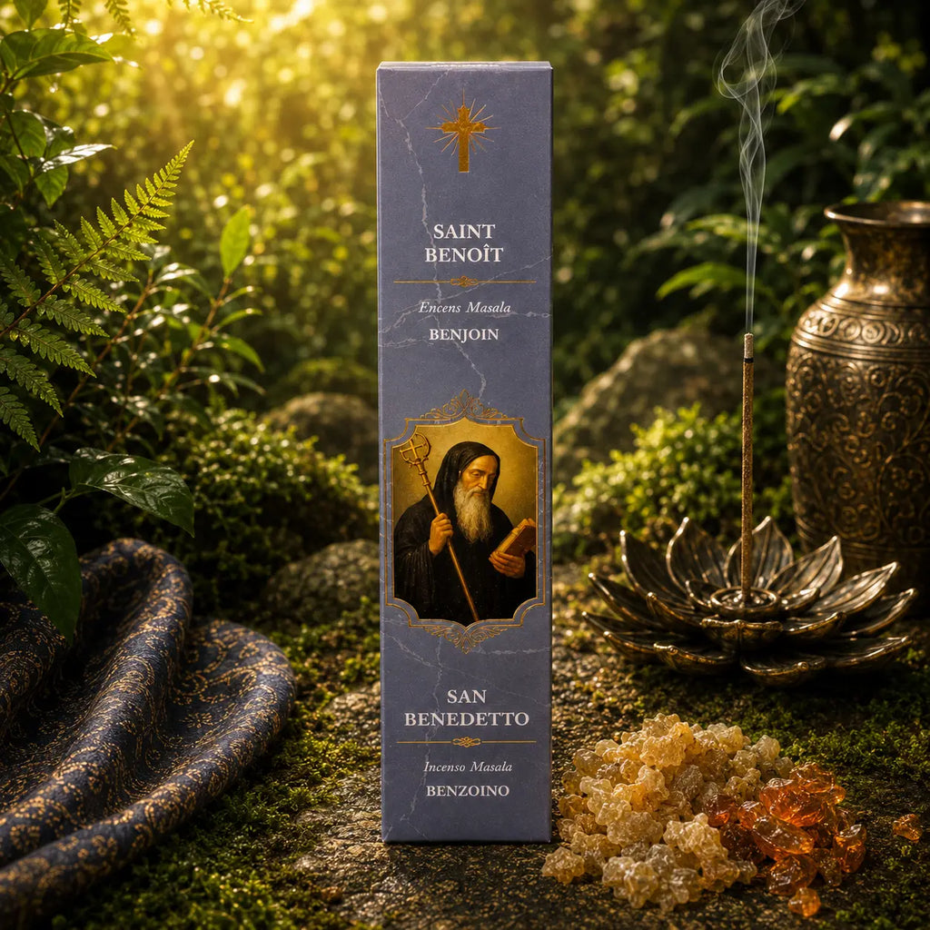 Étui d'Encens Religieux Saint Benoît de couleur bleu-gris marbré, illustré du saint tenant son bâton de croisé et un livre sacré, posé près de résines de benjoin et d'ambre.