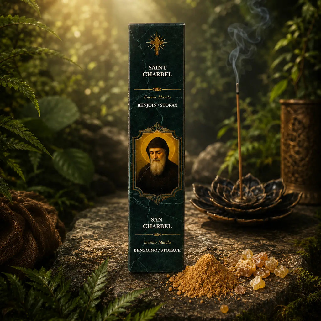 Étui d'Encens Religieux Saint Charbel de couleur vert émeraude marbré, orné de la figure sacrée de l'hermite barbu à l'auréole dorée, disposé avec un bâtonnet fumant et des résines.