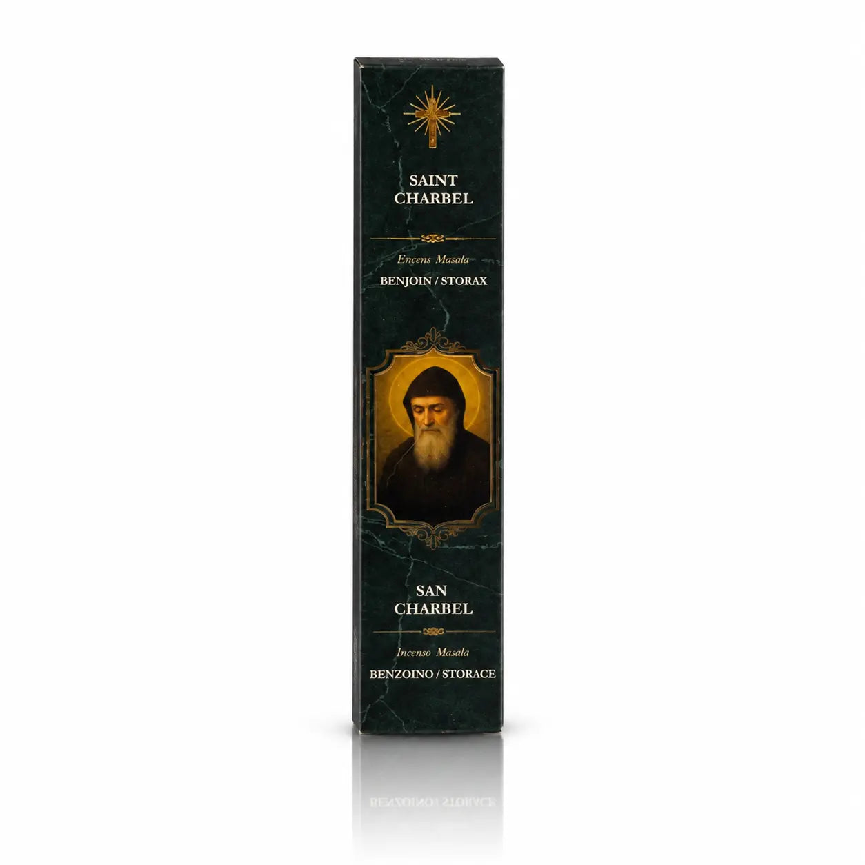 Encens religieux Saint Charbel conditionné dans un étui cartonné rectangulaire vert foncé marbré, orné du portrait du Saint, d'une croix rayonnante dorée et de lettrages blancs.