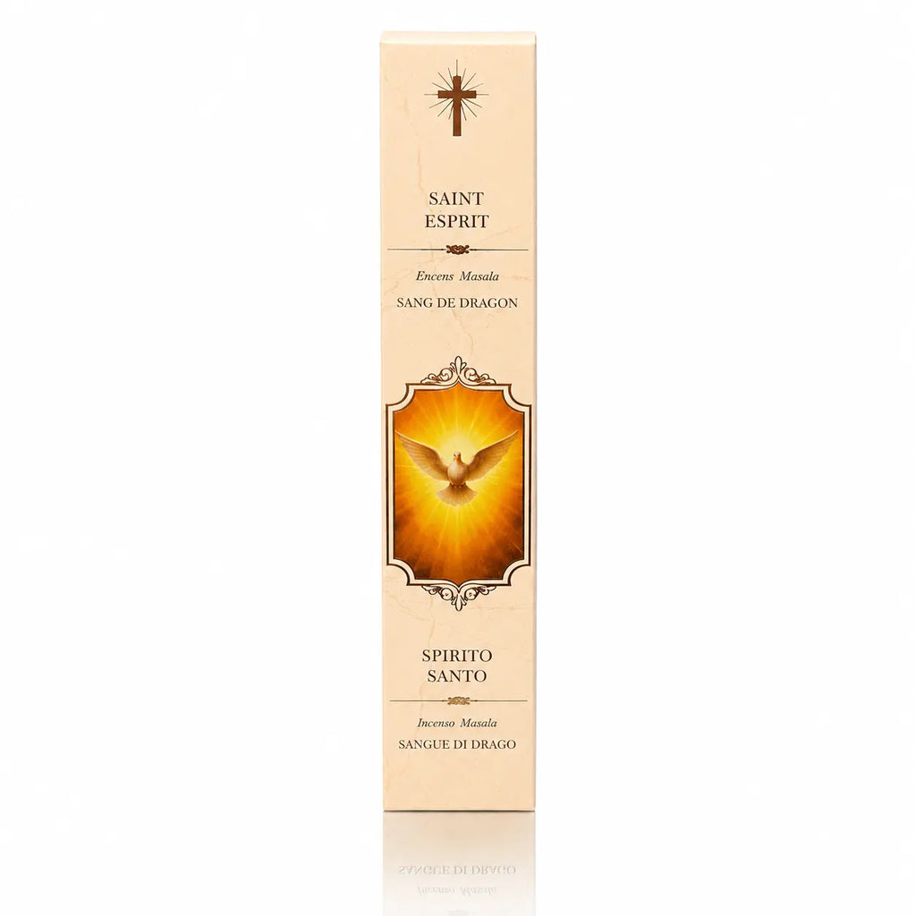 Encens religieux Saint Esprit conditionné dans un étui cartonné rectangulaire beige clair, illustré d’une colombe rayonnante symbolisant l’Esprit Saint avec des lettrages marron et dorés.