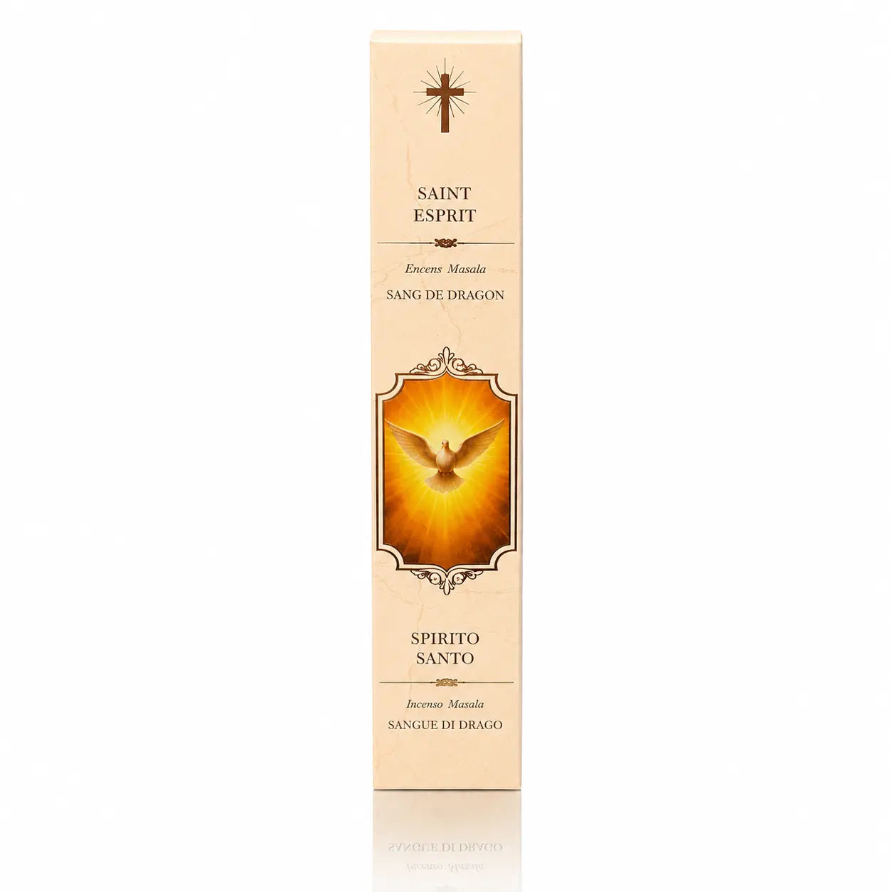 Encens religieux Saint Esprit conditionné dans un étui cartonné rectangulaire beige clair, illustré d’une colombe rayonnante symbolisant l’Esprit Saint avec des lettrages marron et dorés.