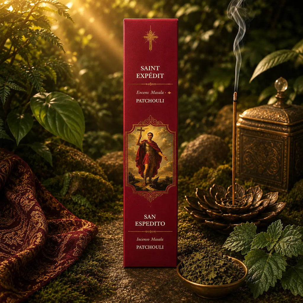 Étui d'Encens Religieux Saint Expédit de couleur rouge brique, illustré du saint soldat romain brandissant une croix face au ciel, posé près d'une coupelle de feuilles de patchouli.