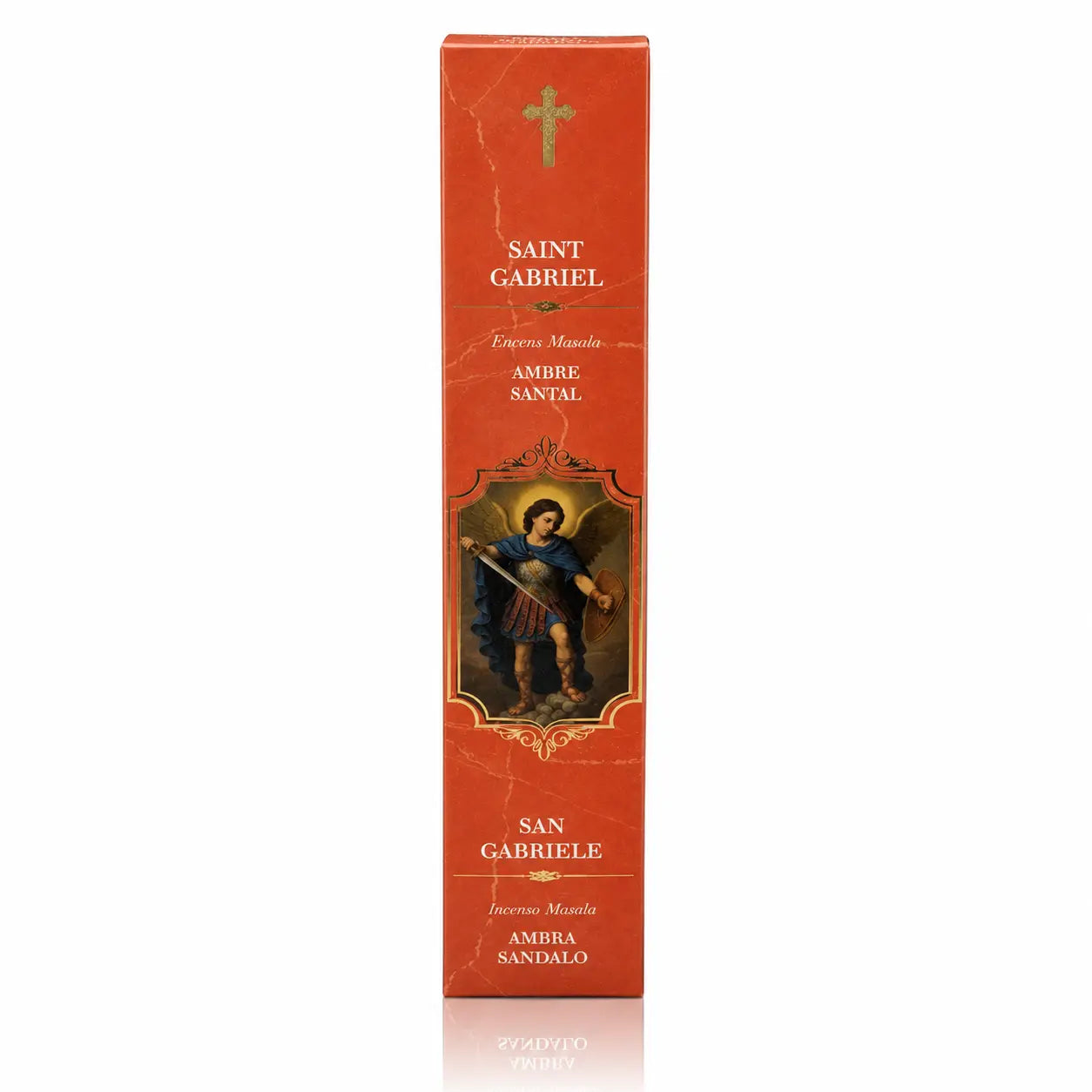 Encens religieux Saint Expédit présenté dans un étui cartonné rectangulaire rouge bordeaux, illustré du Saint en soldat romain sous une croix dorée avec des inscriptions blanches.