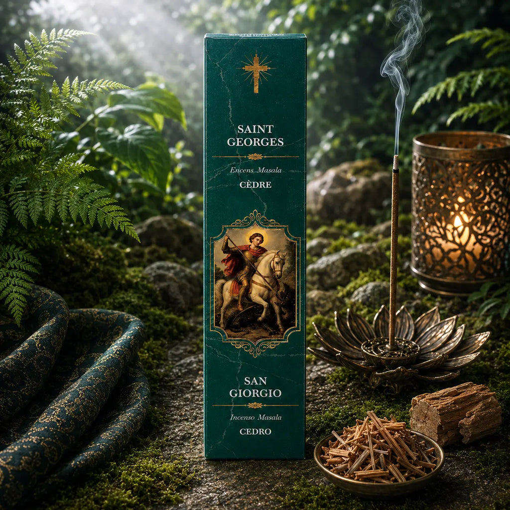 Étui d'Encens Religieux Saint Georges de couleur vert sapin marbré, illustré du saint terrassant le dragon à cheval, posé à côté d'une coupelle de brindilles et d'un morceau de cèdre.